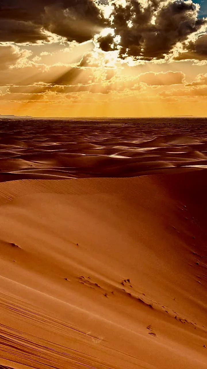 Trek long 7 jours / 6 nuits — La Grande Odyssée de Chegaga — Coucher de soleil sur les crêtes de sable du Sahara